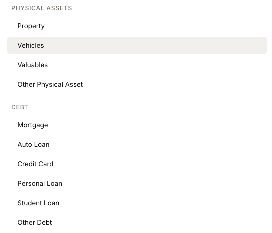 Plutus account types — banks, savings, credit, investments, pensions, and more