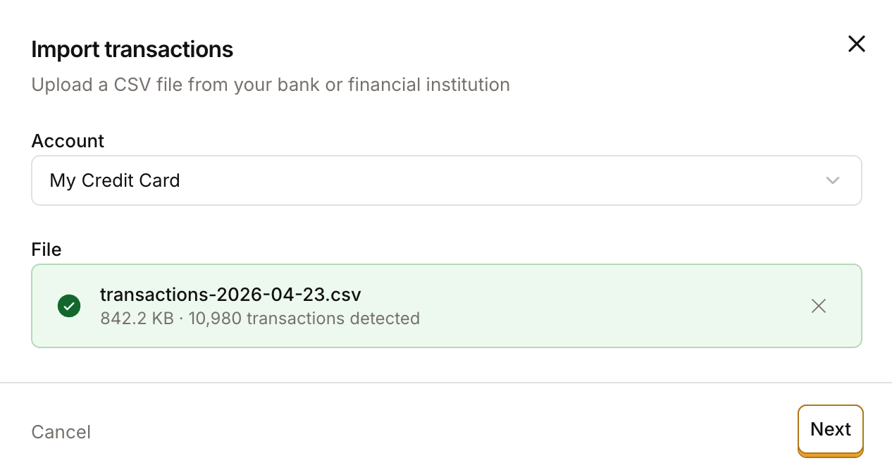 Step one of the Plutus import flow — selecting a file