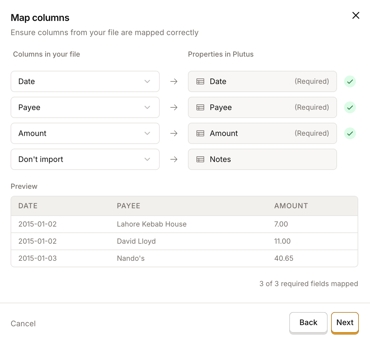 Step two of the Plutus import flow — mapping columns