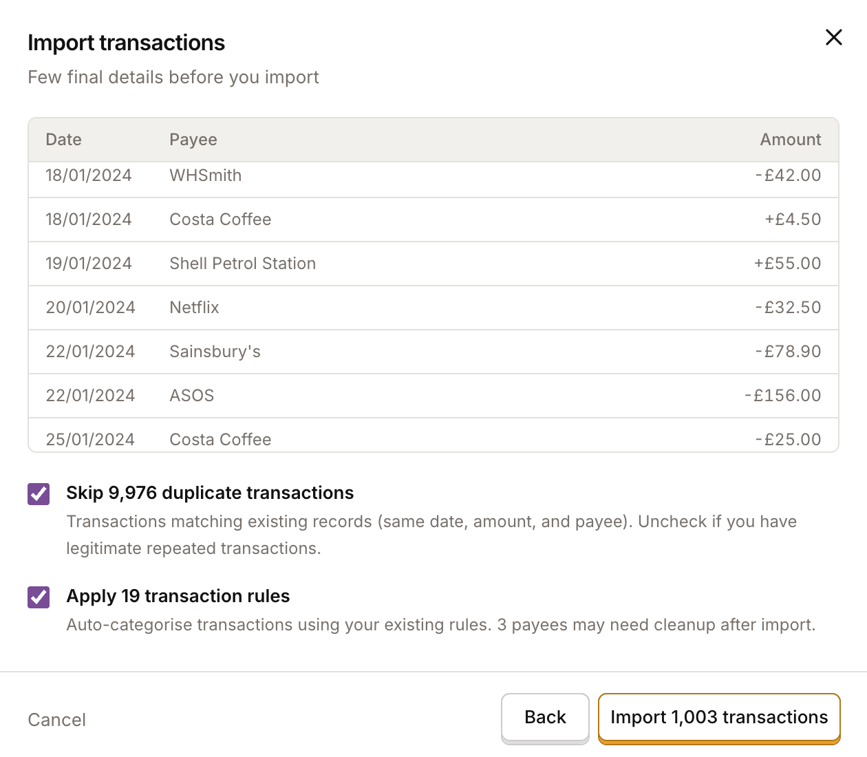 Step three of the Plutus import flow — review and confirm