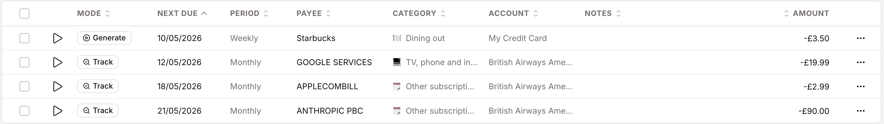 Plutus recurring transactions list with upcoming bills, subscriptions, and salary