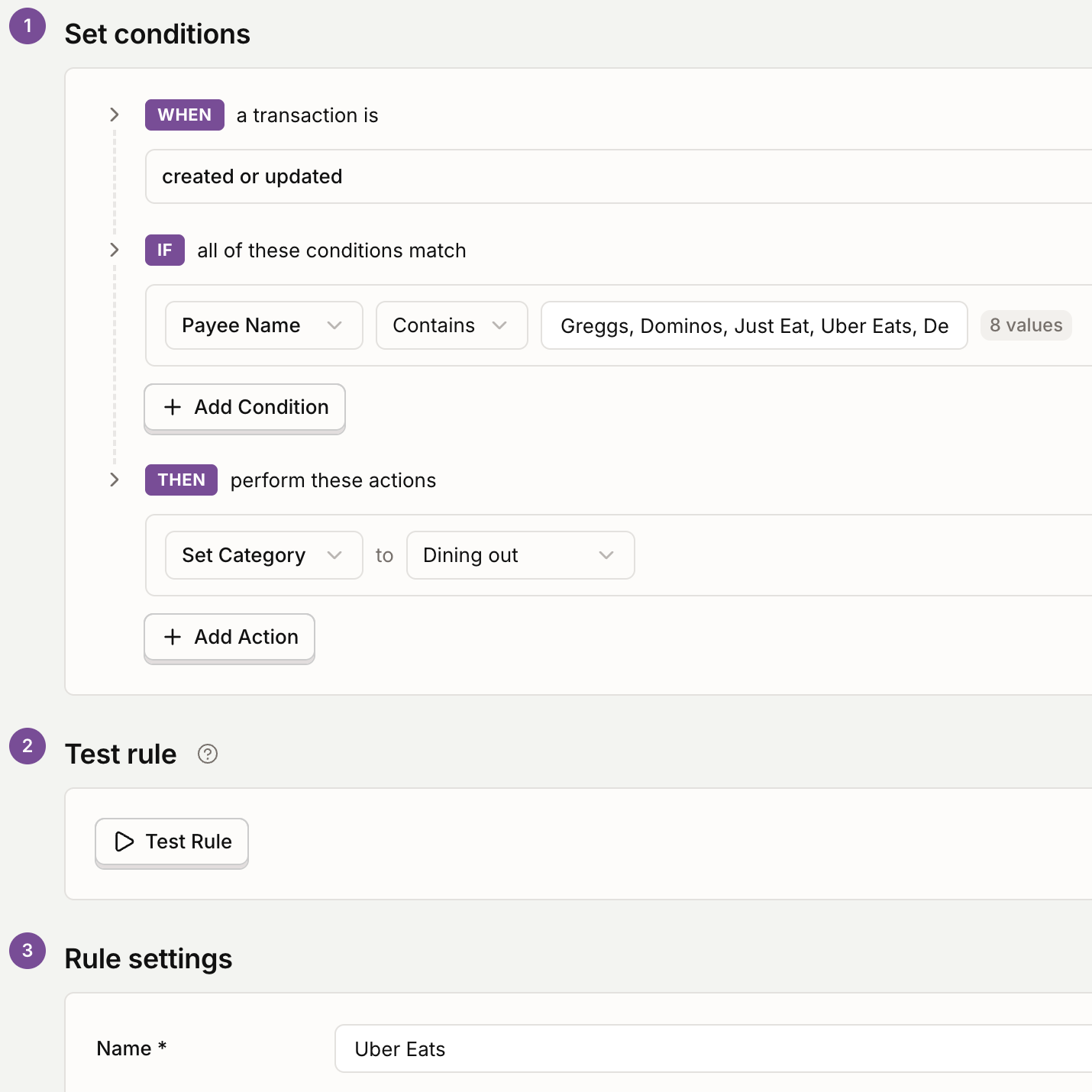 Plutus rule editor showing condition match and action setup